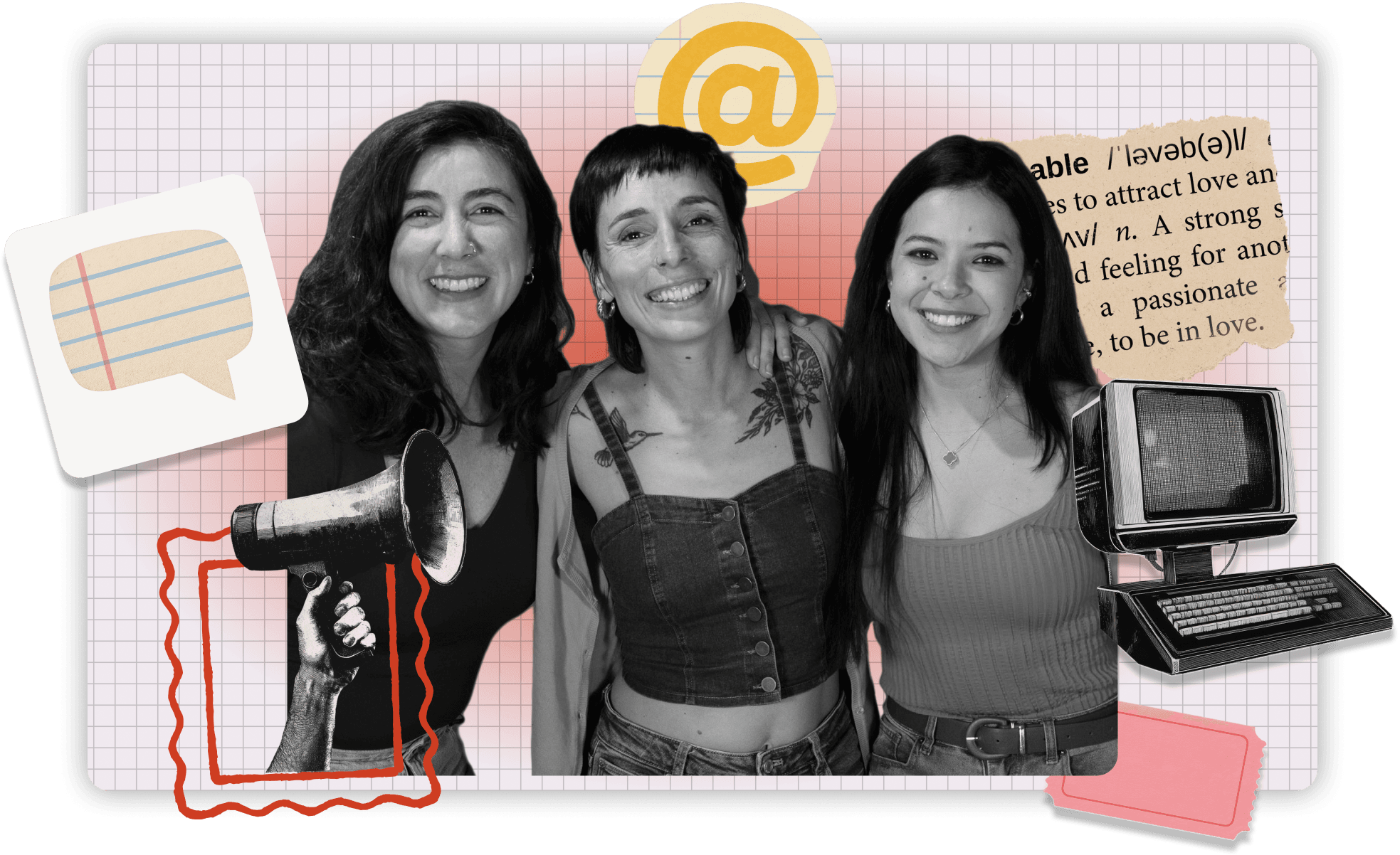 Collage con varios elementos de comunicación con 3 profesionales de Cooral juntas